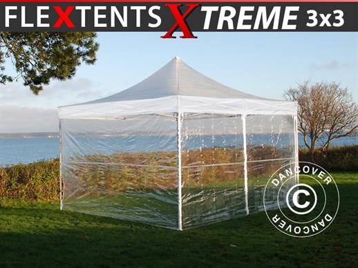 Brzo sklopivi paviljon FleXtents Xtreme 50 3x3m Transparentno, ukljuc. 4 bočne stranice