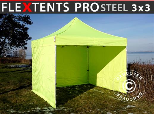 Snabbtält FleXtents PRO Steel 3x3m Neongul/grön, inkl. 4 sidor