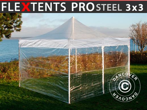 Snabbtält FleXtents PRO Steel 3x3m Transparent, inkl. 4 sidor