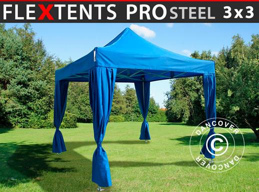 Quick-up telt FleXtents PRO Steel 3x3m Blå, inkl. 4 dekorative gardiner