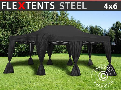 Brzo sklopivi paviljon FleXtents Steel 4x6m Crna, uključ. s 8 lijepim ukrasnim zavjesama