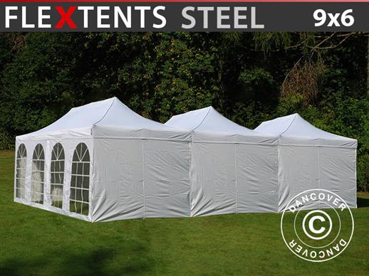 Quick-up telt FleXtents® Steel 9x6m Hvit, inkl. 8 sidevegger