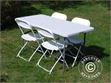 Juhlapaketti, 1 kokoontaitettava pöytä (150 cm) + 4 tuolit, Vaalean harmaa/Valkoinen