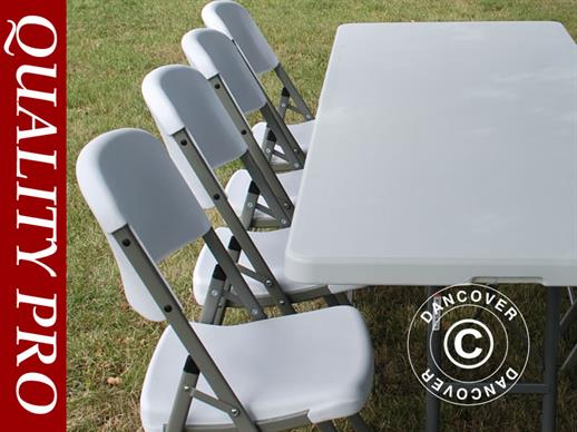Conjunto para fiesta, 1 mesa plegable (150 cm) + 4 sillas, Gris claro