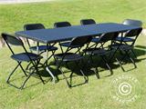 Conjunto para fiesta, 1 mesa plegable PRO (242cm) + 8 sillas, Negro