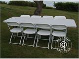 Pakiet Party, 1 składany stół PRO (242cm) + 8 Krzesła składane, Jasny szary/Biały